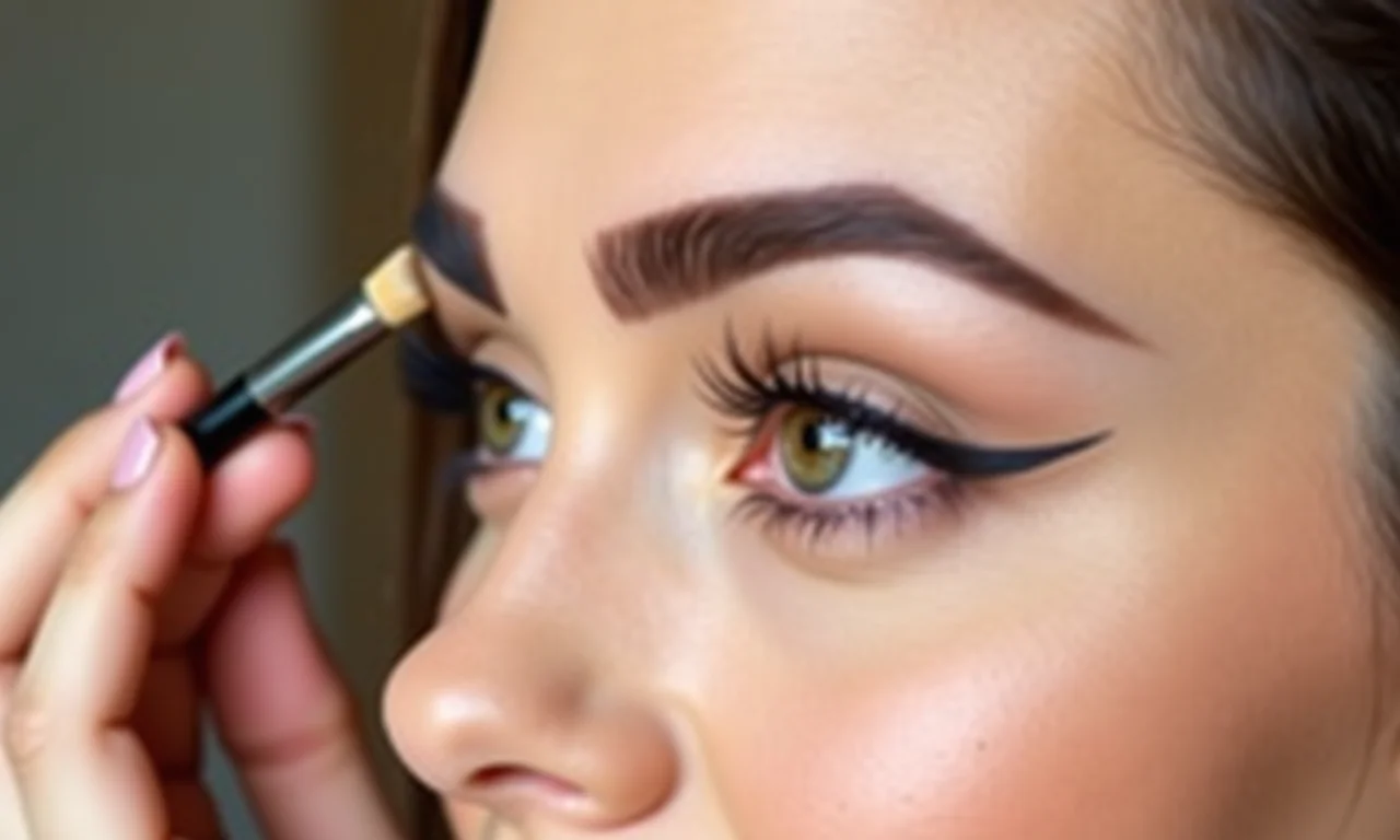 Mão feminina modelando as sobrancelhas com pincel para o estilo foxy eyes.