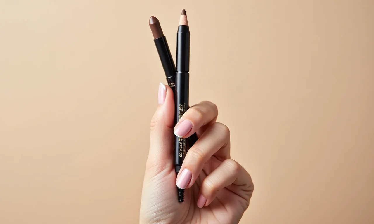 Mão segurando lápis duo para sobrancelha com iluminador e contorno.
