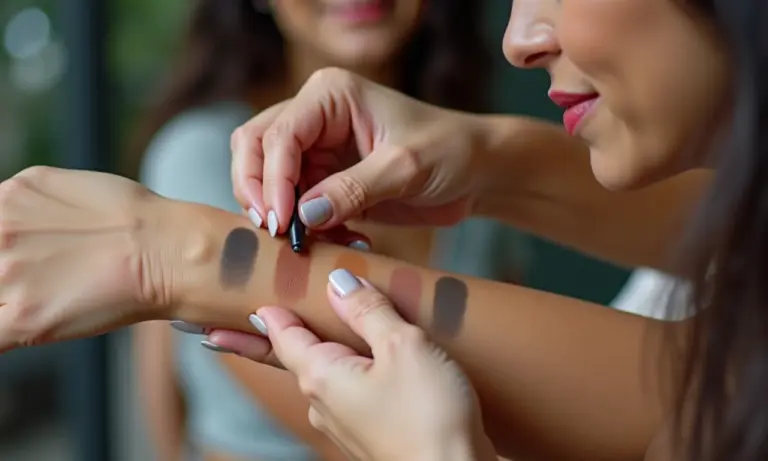 Mãos aplicando sombras neutras de diferentes paletas.