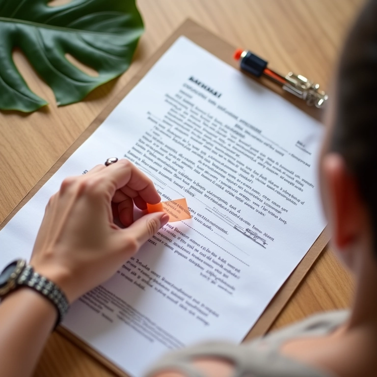 Mãos usando corretivo em fita sobre um documento na mesa.