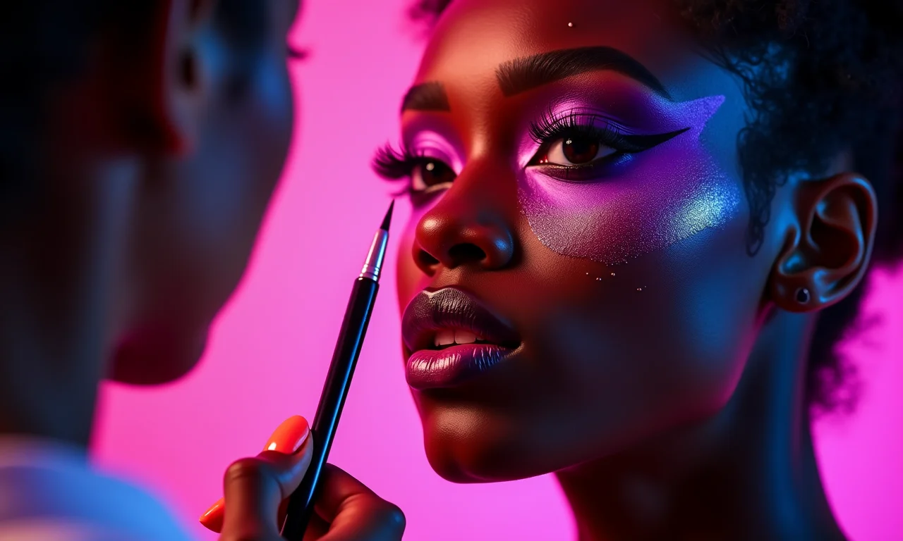 Maquiador aplicando delineador roxo neon e glitter.