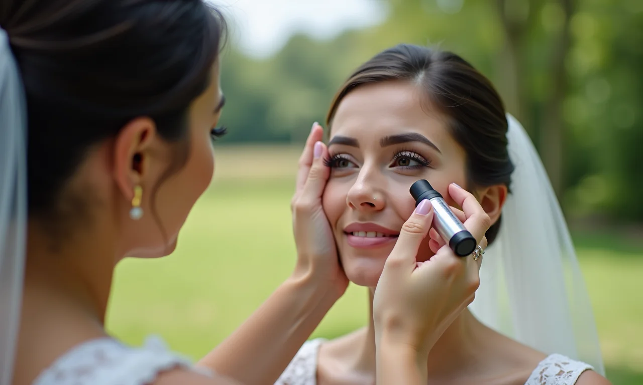 Maquiador aplicando fixador de maquiagem no rosto da noiva.