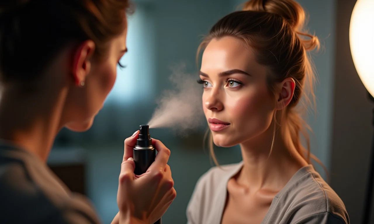 Maquiador aplicando fixador de maquiagem para garantir a durabilidade.