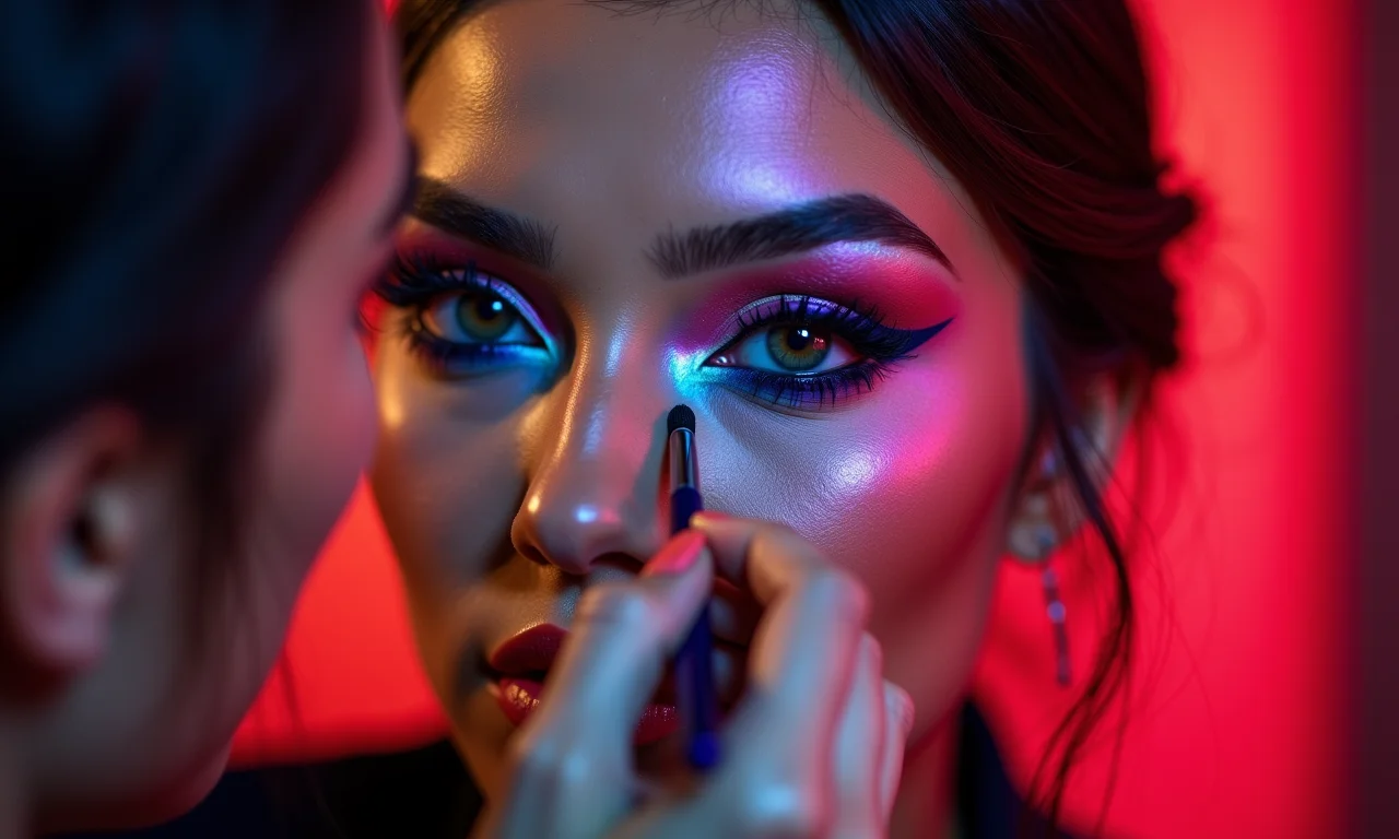 Maquiador aplicando sombra neon de alta qualidade em modelo.