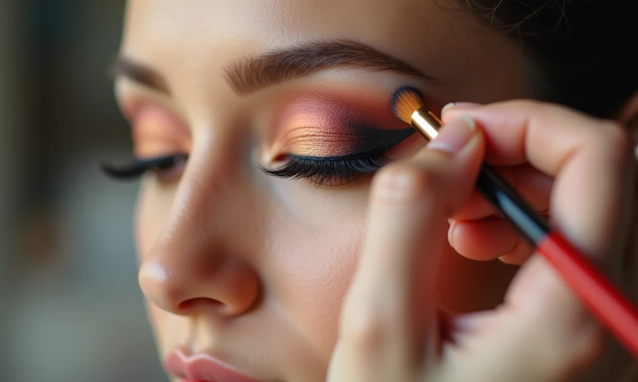 Maquiador esfumando sombra com pincel para degradê perfeito.