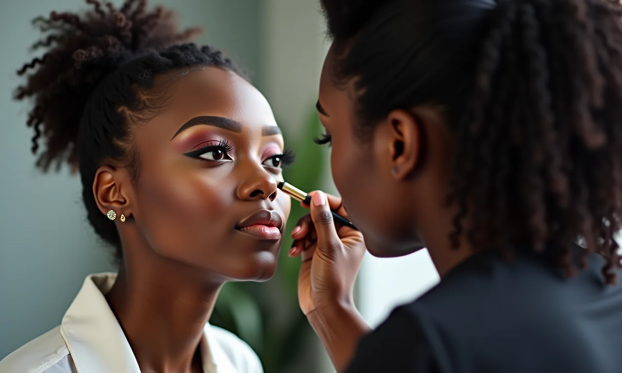 Maquiador profissional aplicando contorno em pele negra.
