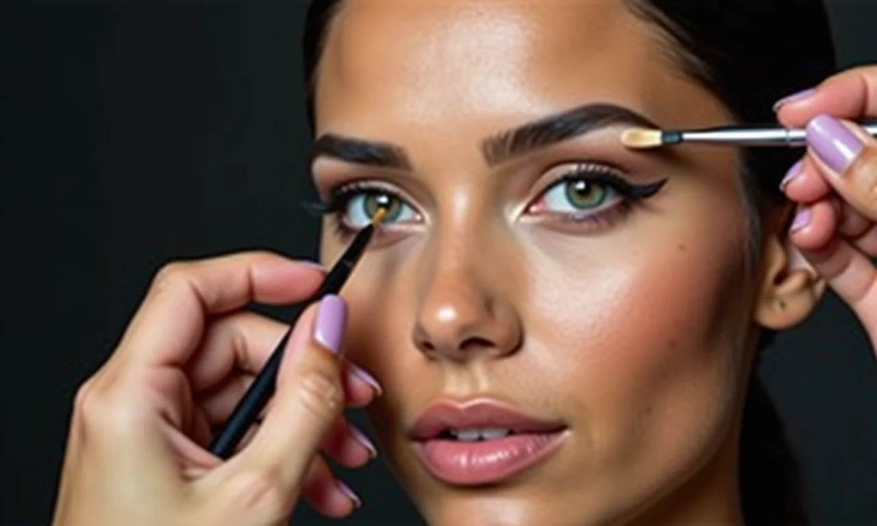 Maquiador usando pincel com corretivo ao redor das sobrancelhas de modelo brasileira.