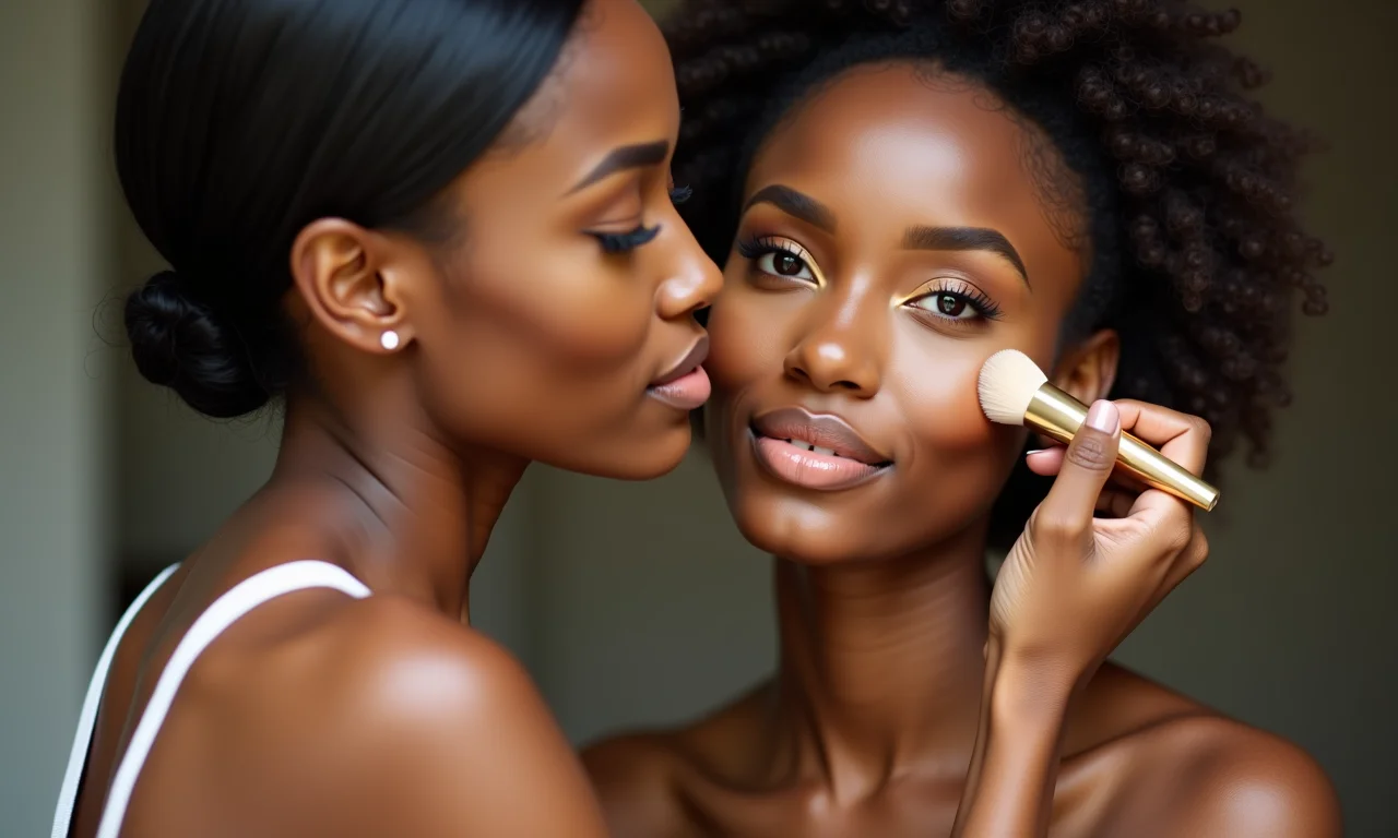 Maquiadora aplicando base em pele morena.