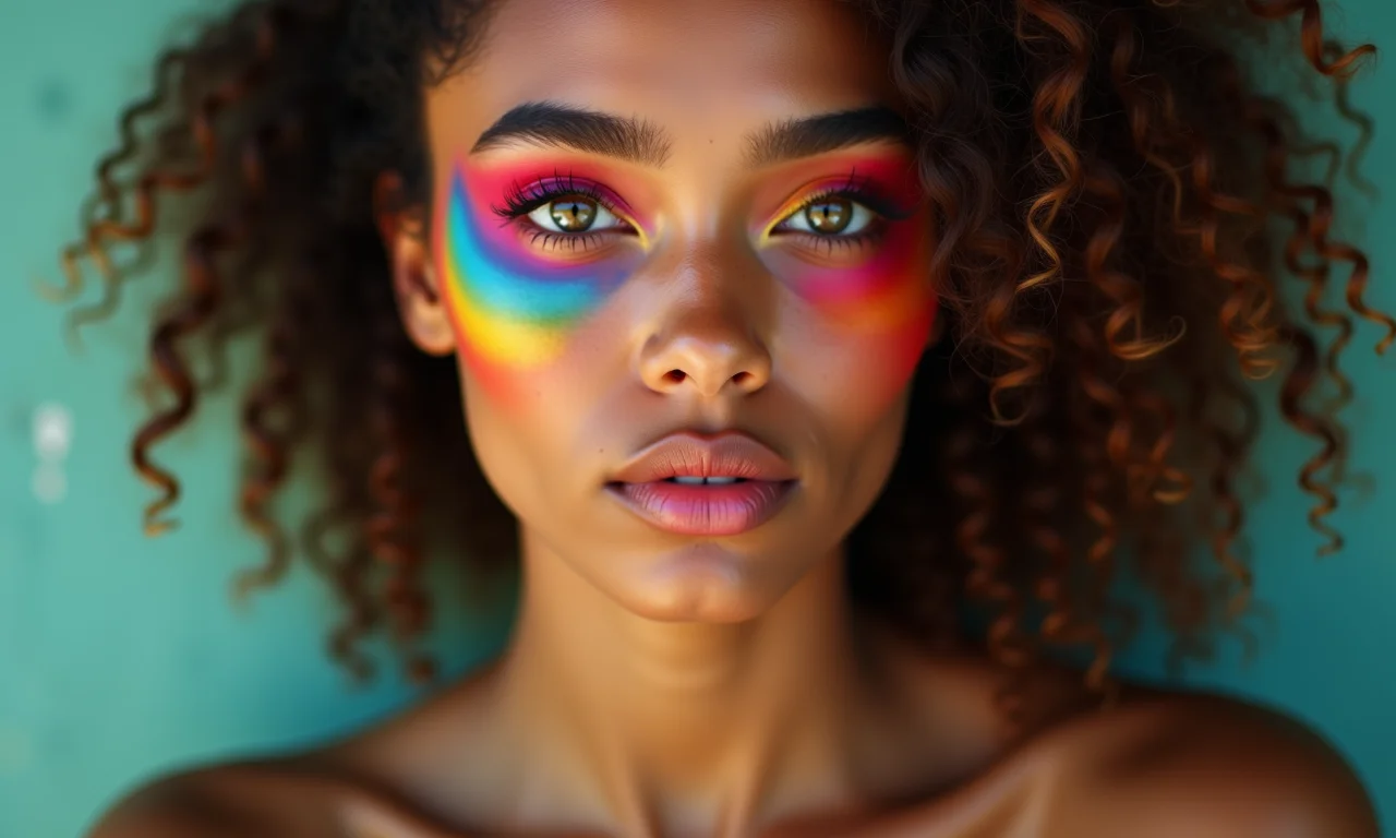 Maquiagem aesthetic indie colorida e expressiva em modelo brasileira.