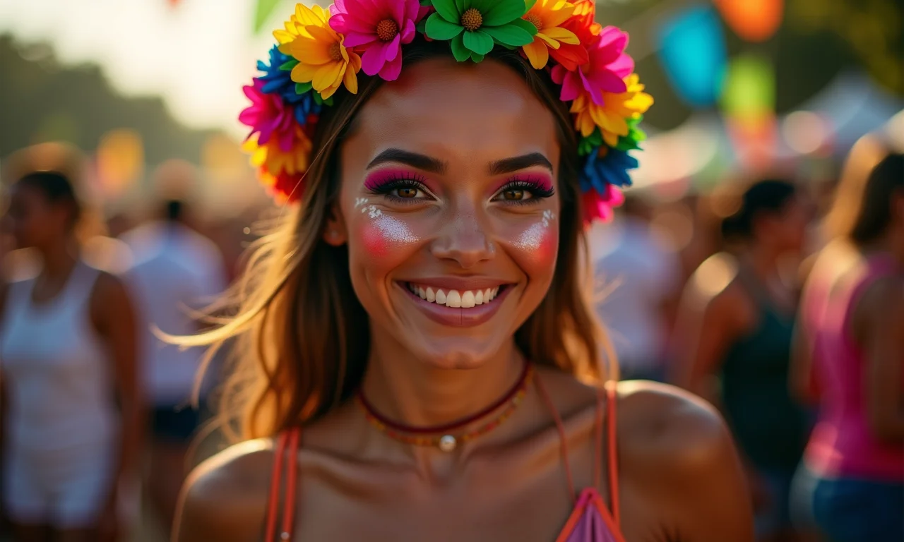 Maquiagem colorida com bandeirinhas para festa junina.