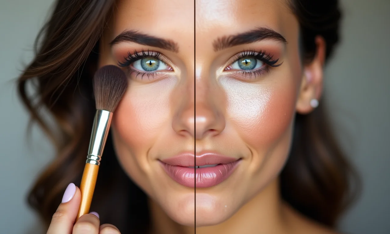 Maquiagem com aplicação uniforme vs. maquiagem manchada com pincel sujo.