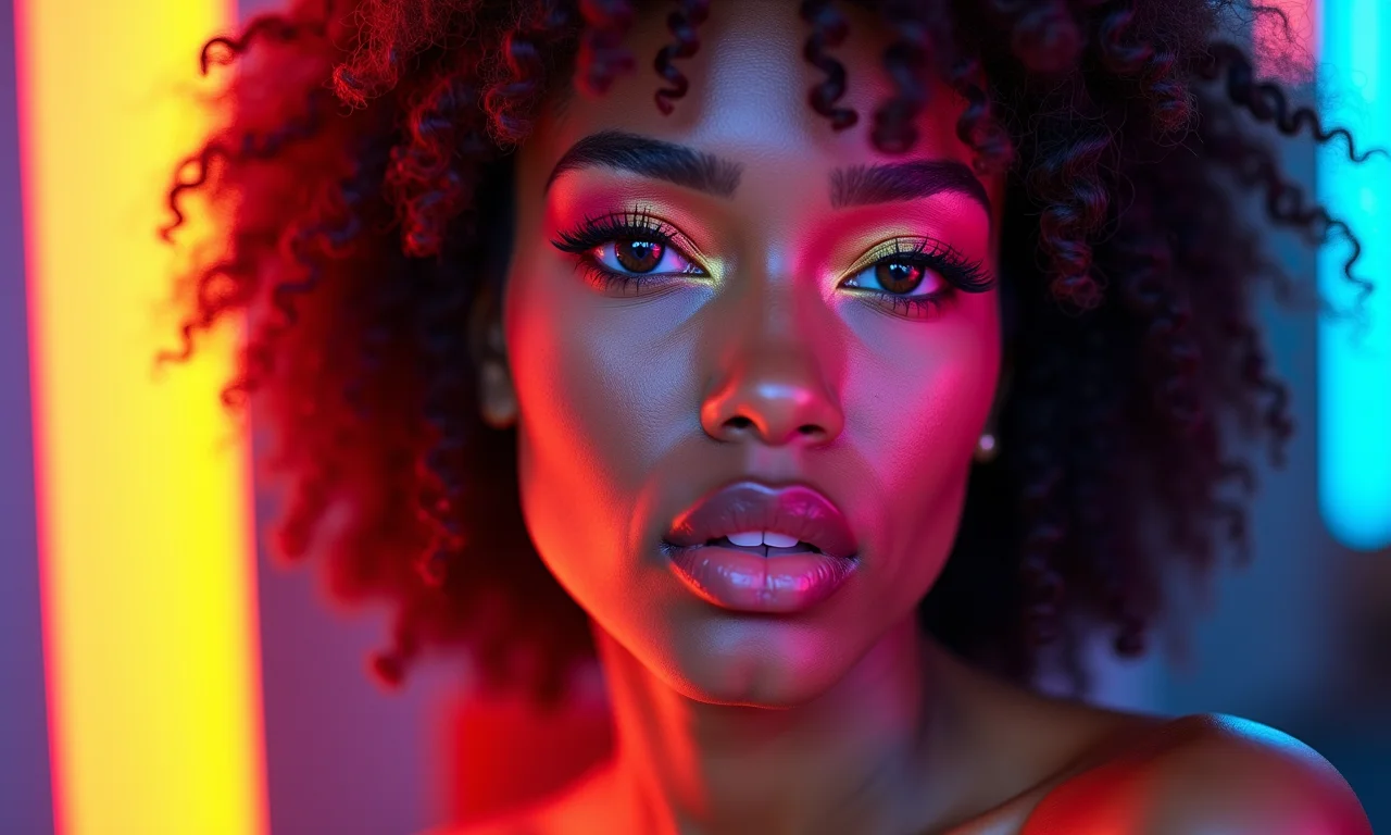 Maquiagem com cores neon em mulher brasileira, estilo Y2K.