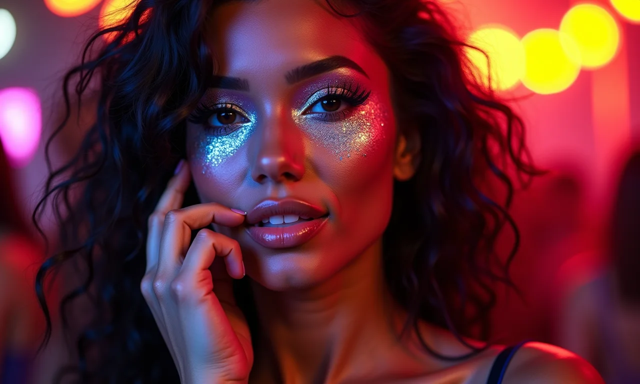 Maquiagem com glitter grosso para um look impactante.