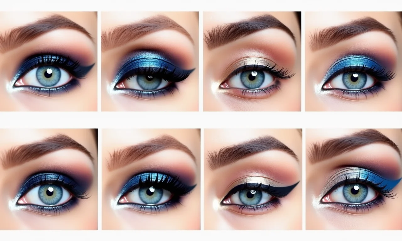Maquiagem com sombra azul metálica para diferentes formatos de olho.