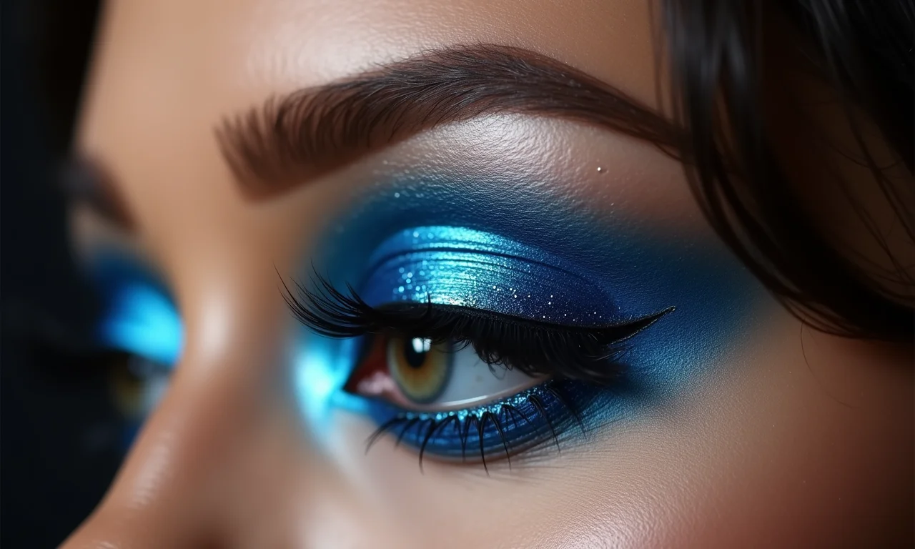 Maquiagem com sombra azul metálica para eventos especiais.