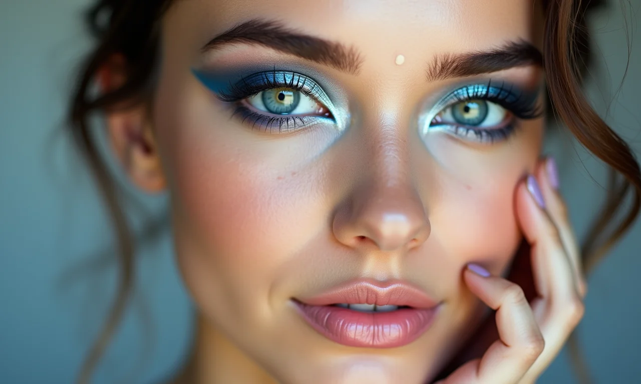 Maquiagem com sombra azul metálica para pele clara.