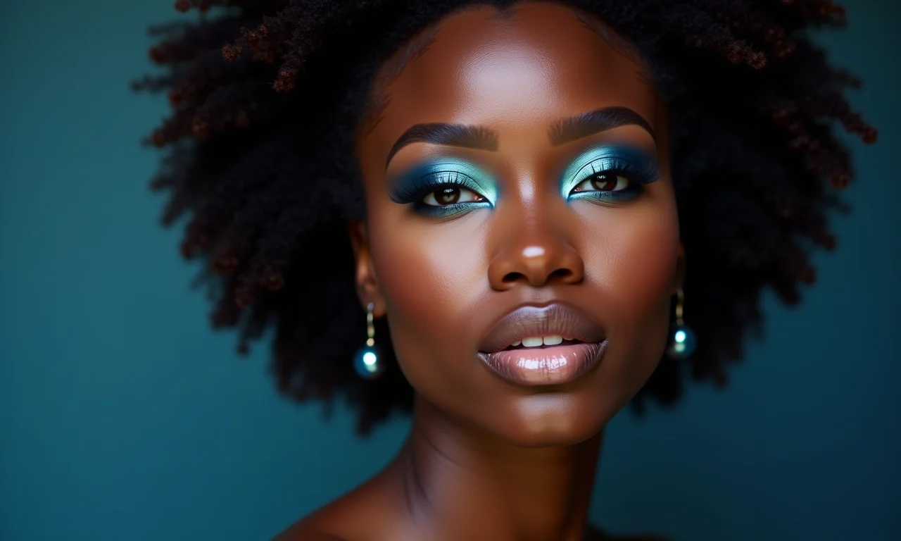 Maquiagem com sombra azul metálica para pele morena e negra.