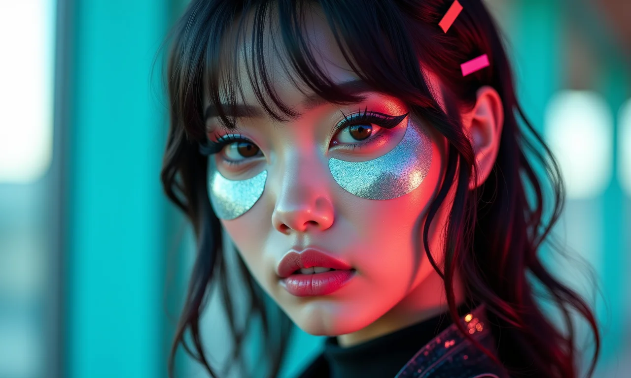 Maquiagem cybercore com acessórios futuristas, como adesivos metálicos e presilhas neon.