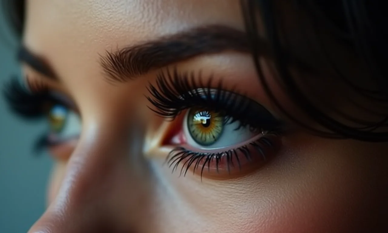Maquiagem cybercore com cílios postiços dramáticos e multicamadas.