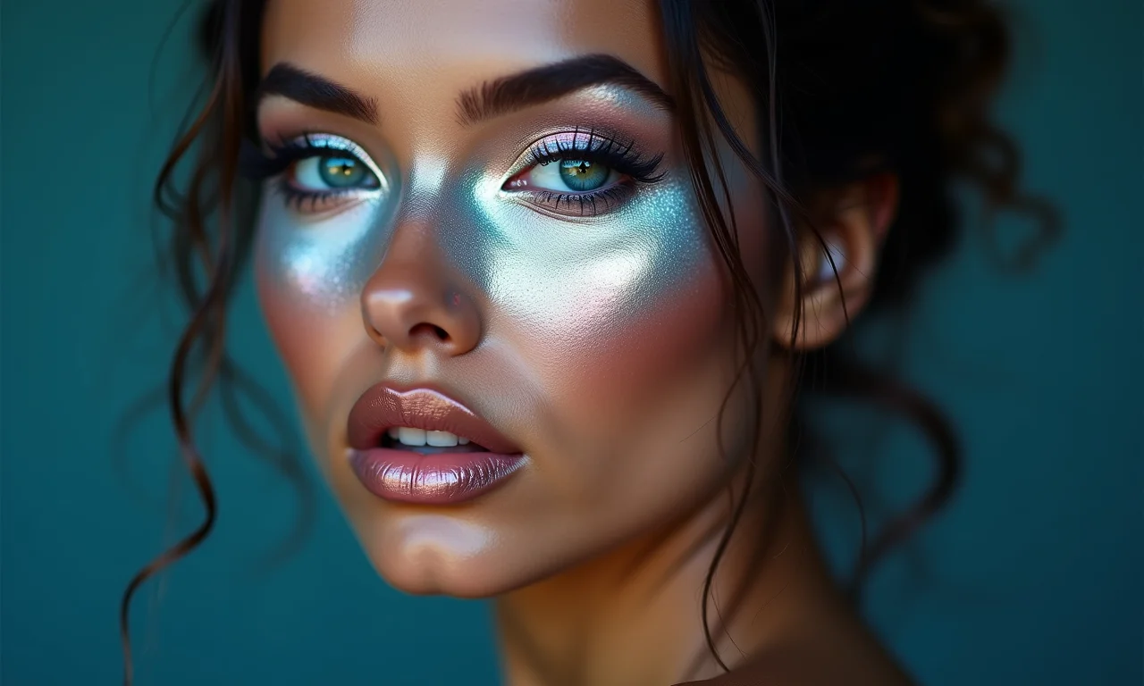 Maquiagem cybercore com detalhes metálicos prateados e holográficos nos olhos e lábios.