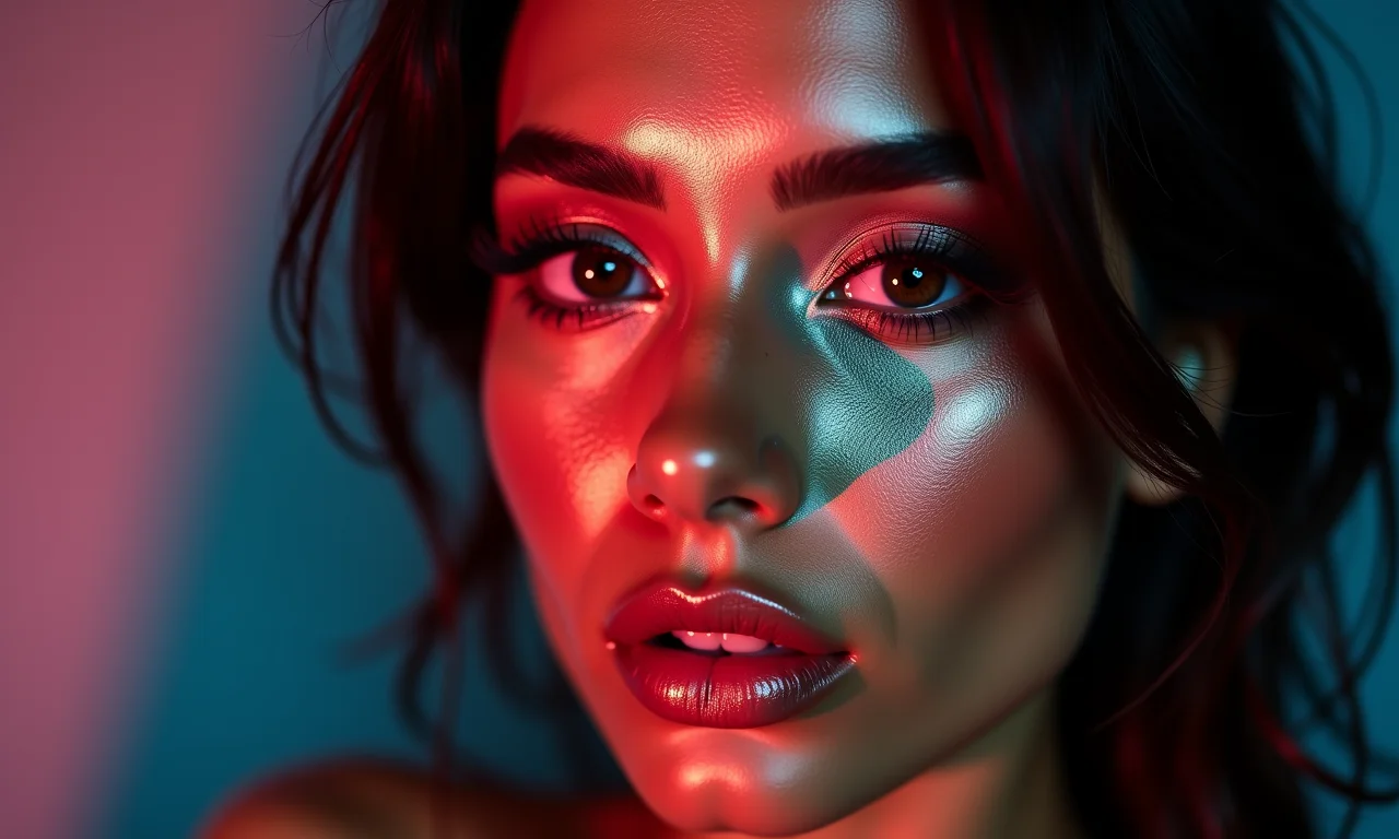 Maquiagem cybercore com iluminador intenso nas maçãs do rosto e ossos da sobrancelha.