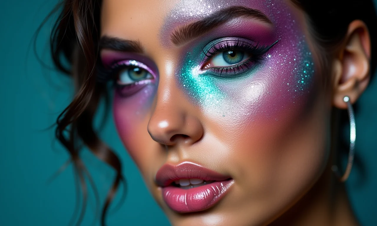 Maquiagem cybercore explorando texturas como glitter, strass e acabamentos matte.