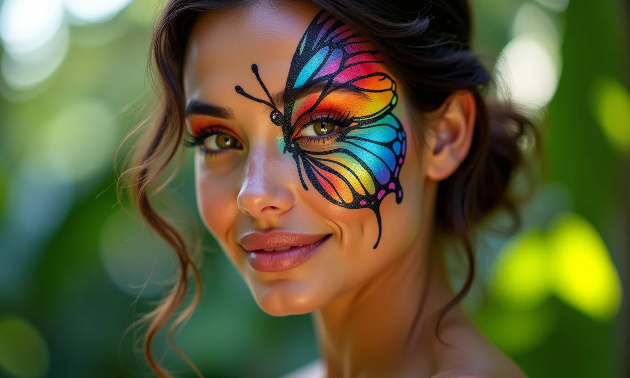 Maquiagem de borboleta colorida em mulher brasileira.