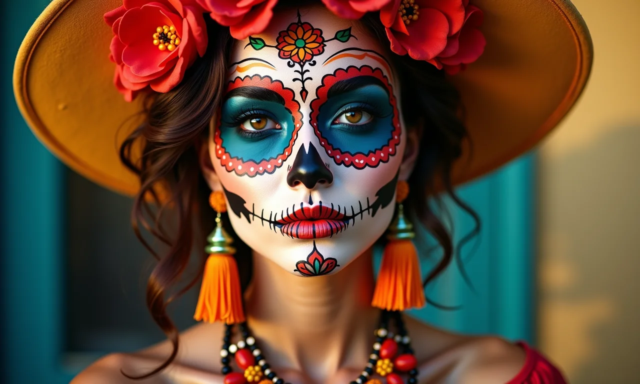 Maquiagem de caveira mexicana elegante em mulher brasileira.