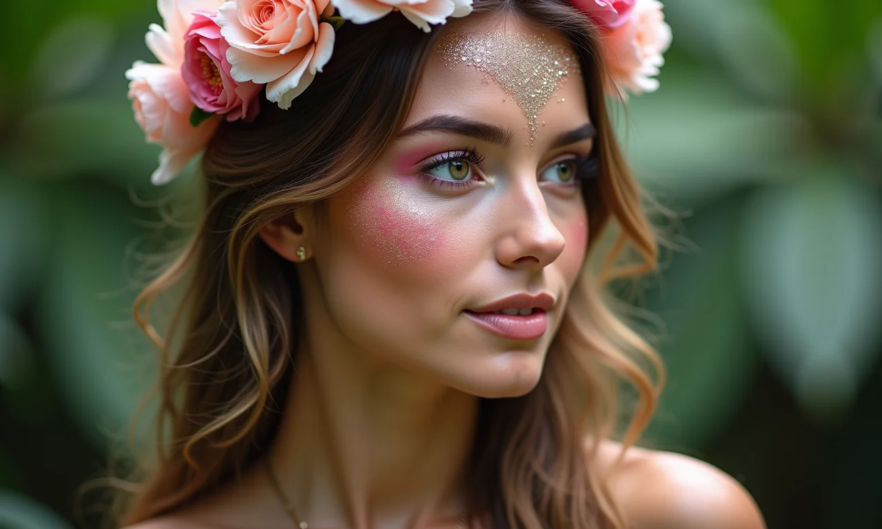 Maquiagem de fada delicada em mulher na floresta.