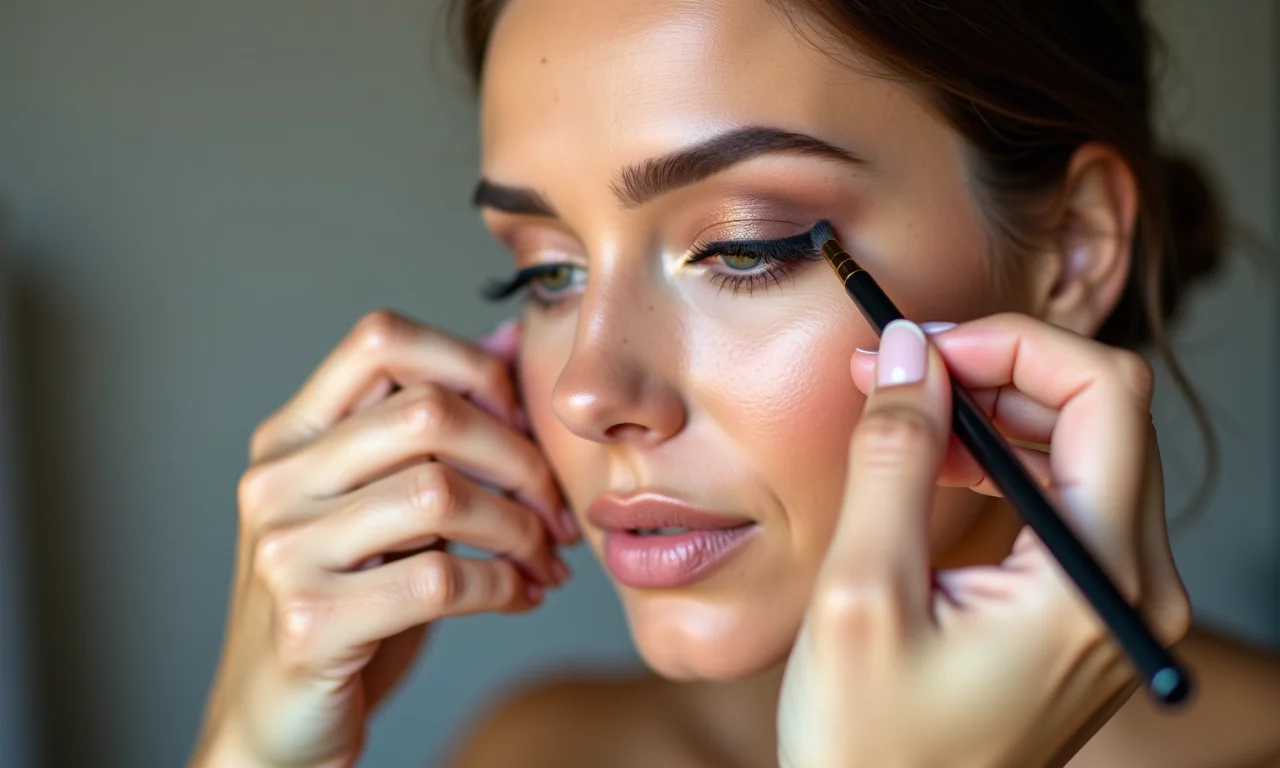 Maquiagem de olhos com sombras neutras e delineado clássico.