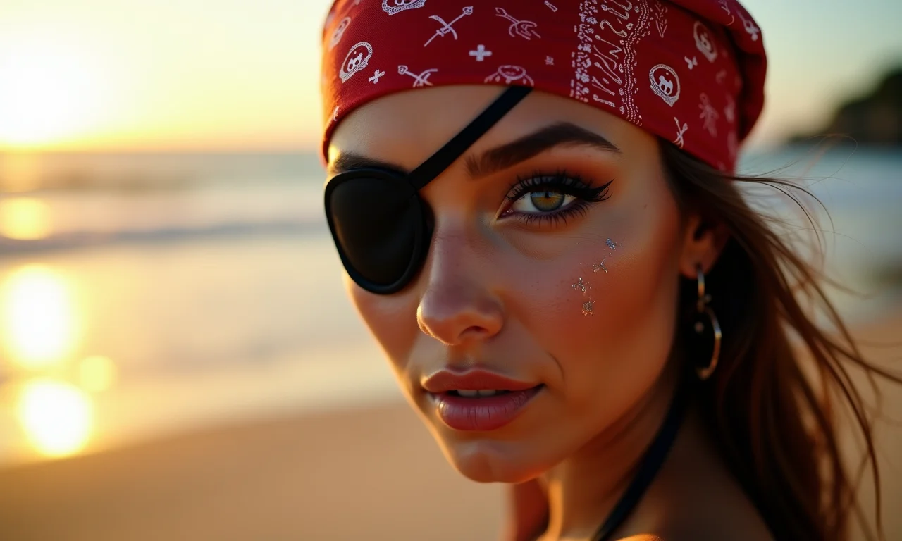 Maquiagem de pirata aventureira em mulher na praia.