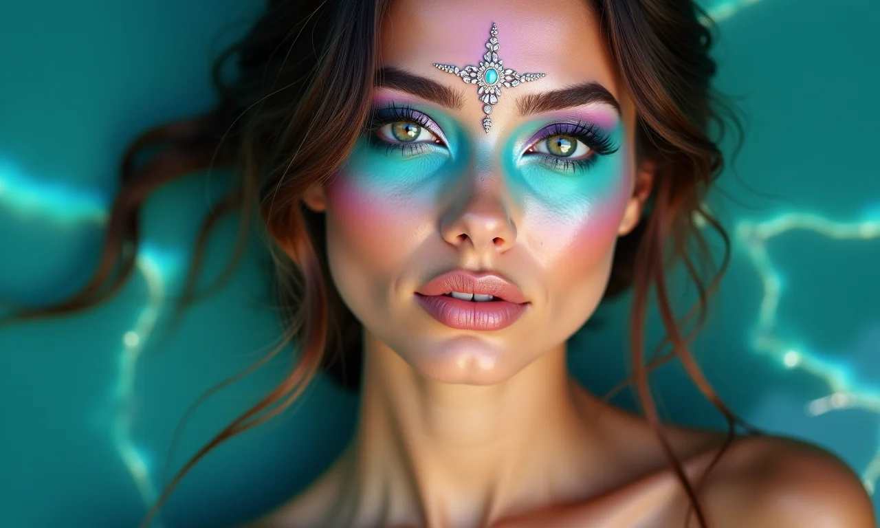 Maquiagem de sereia com aerógrafo, com cores vibrantes e acabamento impecável.