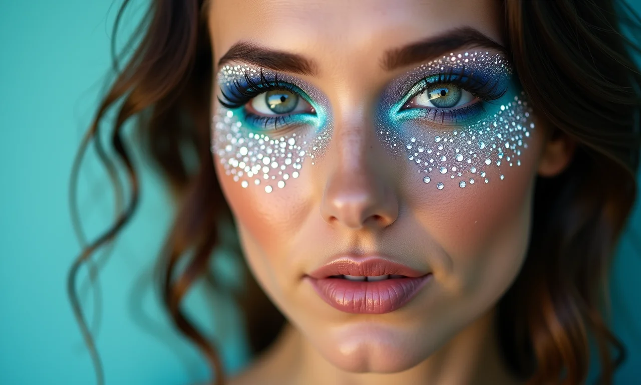 Maquiagem de sereia com pedrarias brilhantes ao redor dos olhos e rosto.
