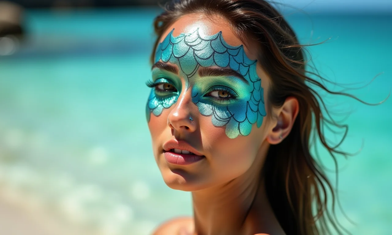 Maquiagem de sereia deslumbrante em mulher na praia.