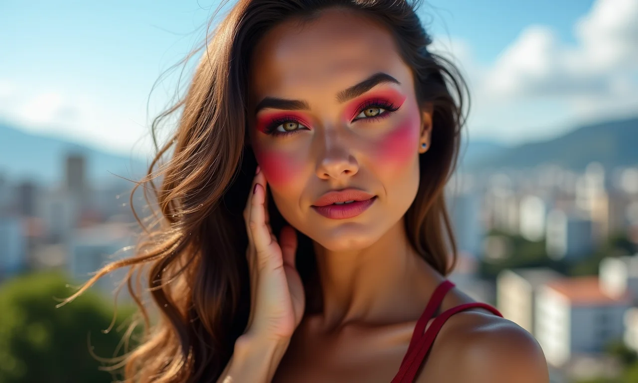 Maquiagem de super-heroína poderosa em mulher confiante.