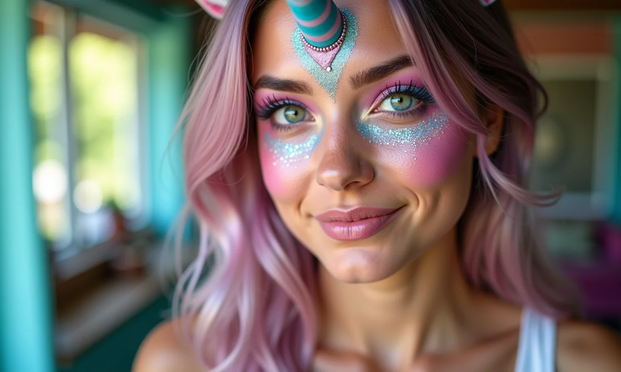 Maquiagem de unicórnio mágica em mulher em quarto colorido.