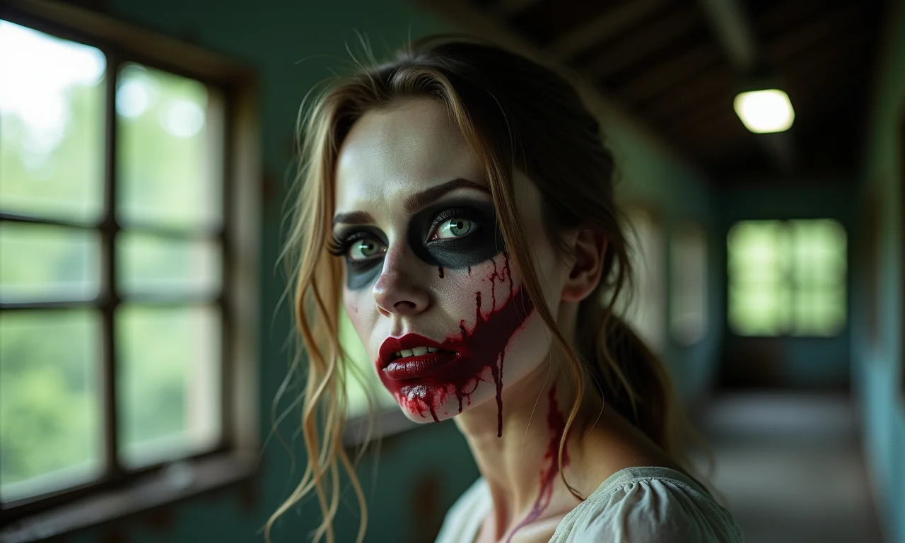 Maquiagem de zumbi assustadora em mulher em prédio abandonado.