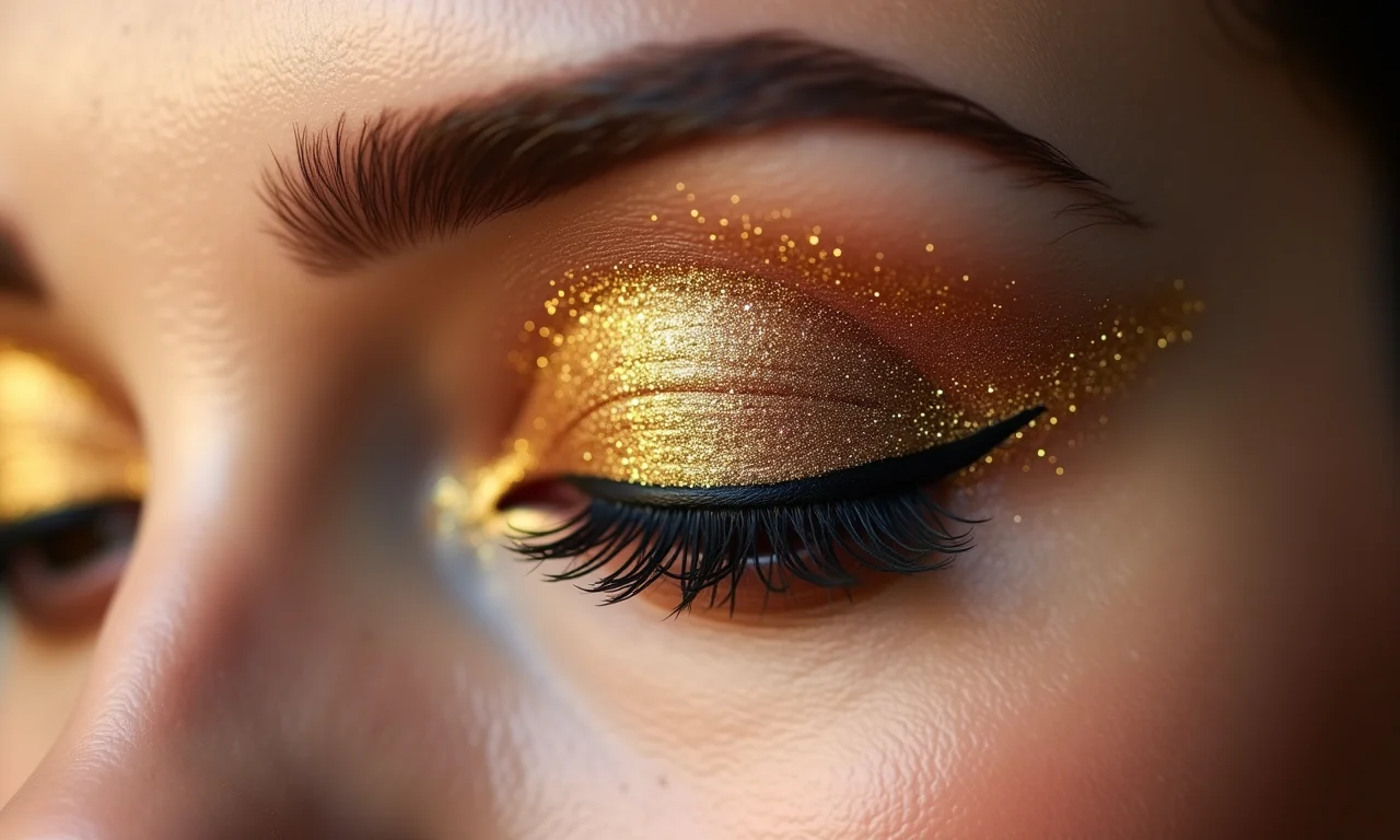 Maquiagem dourada com glitter para um brilho extra.