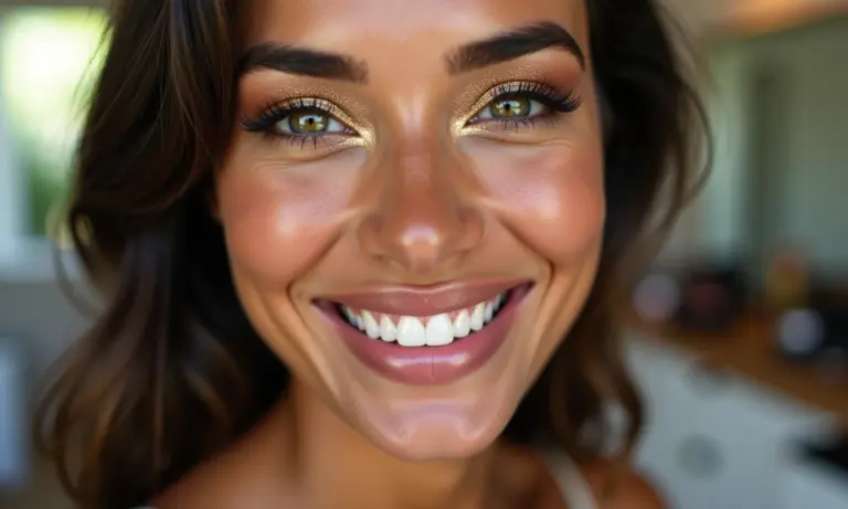 Maquiagem dourada glamourosa para o réveillon com foco nos olhos brilhantes.