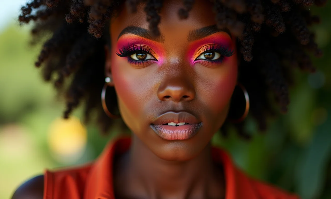 Maquiagem esfumada colorida vibrante em pele negra.