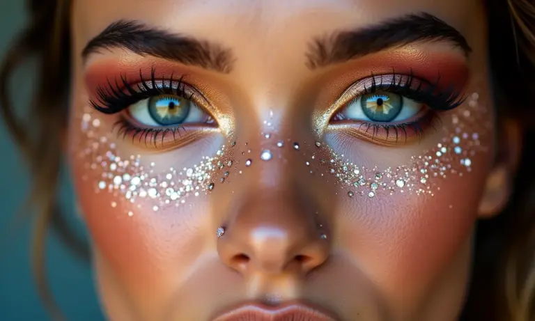 Maquiagem estilo Euphoria com glitter e strass em close-up.
