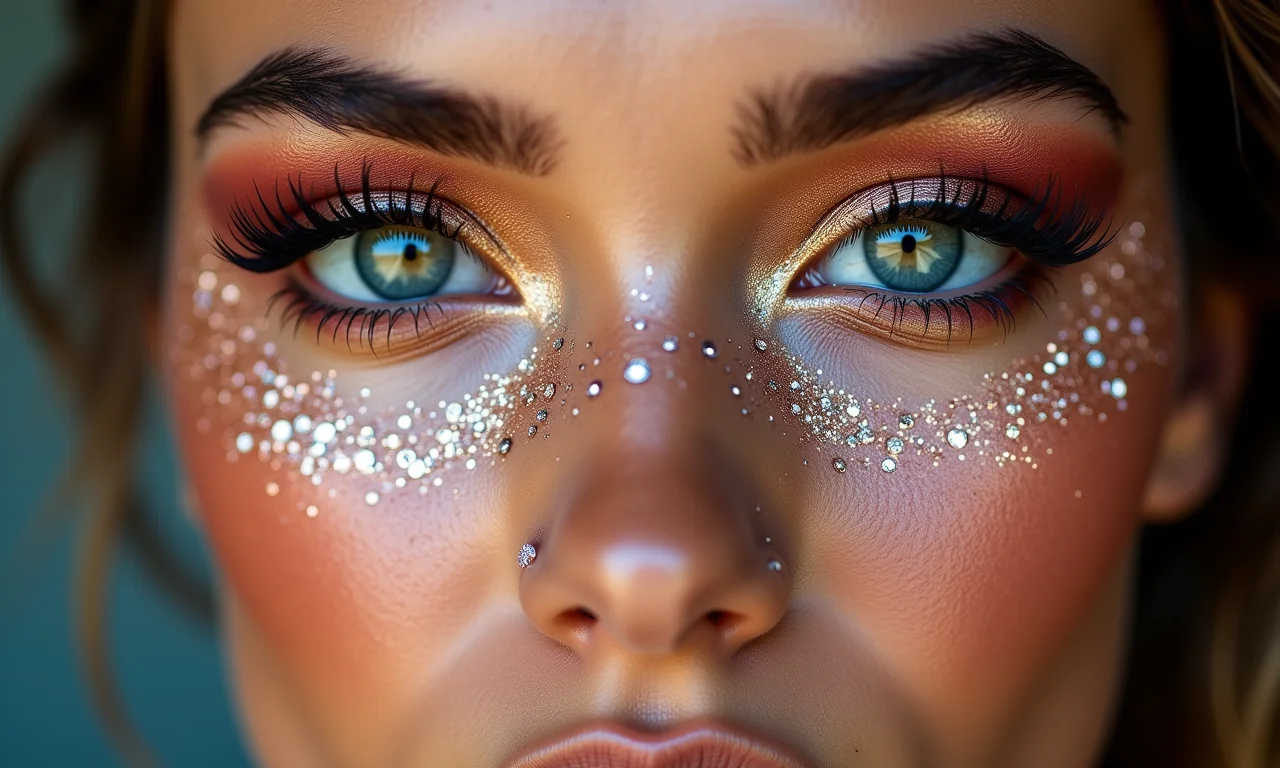 Maquiagem estilo Euphoria com glitter e strass em close-up.