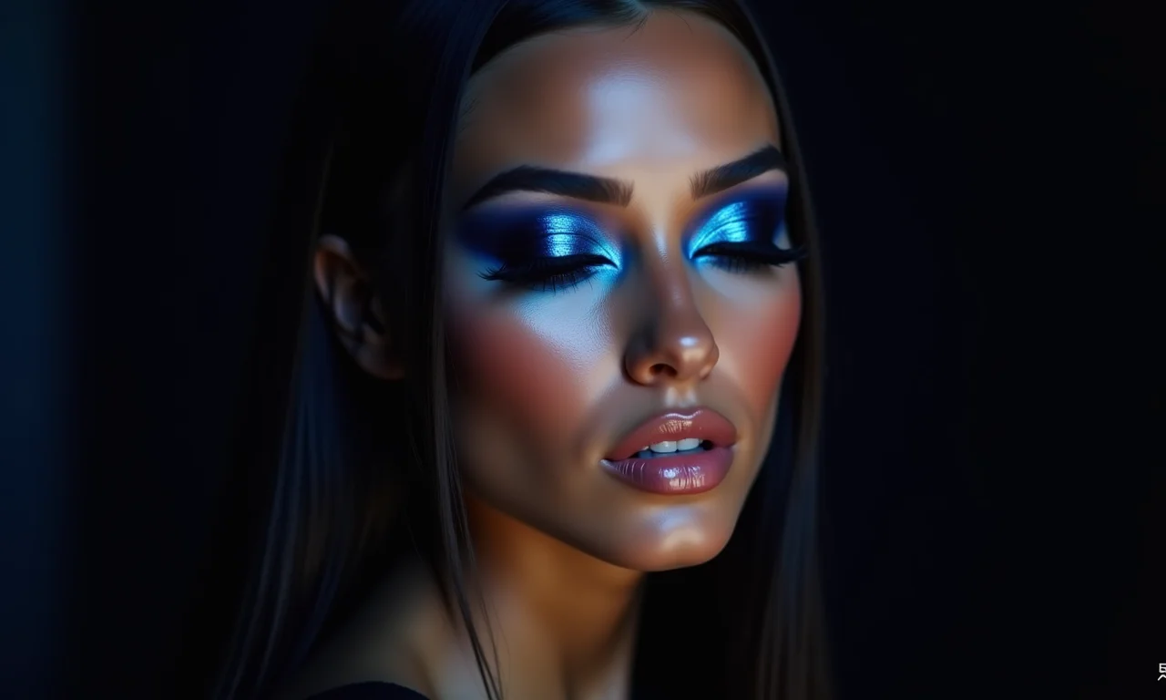 Maquiagem marcante com sombra azul metálica para a noite.