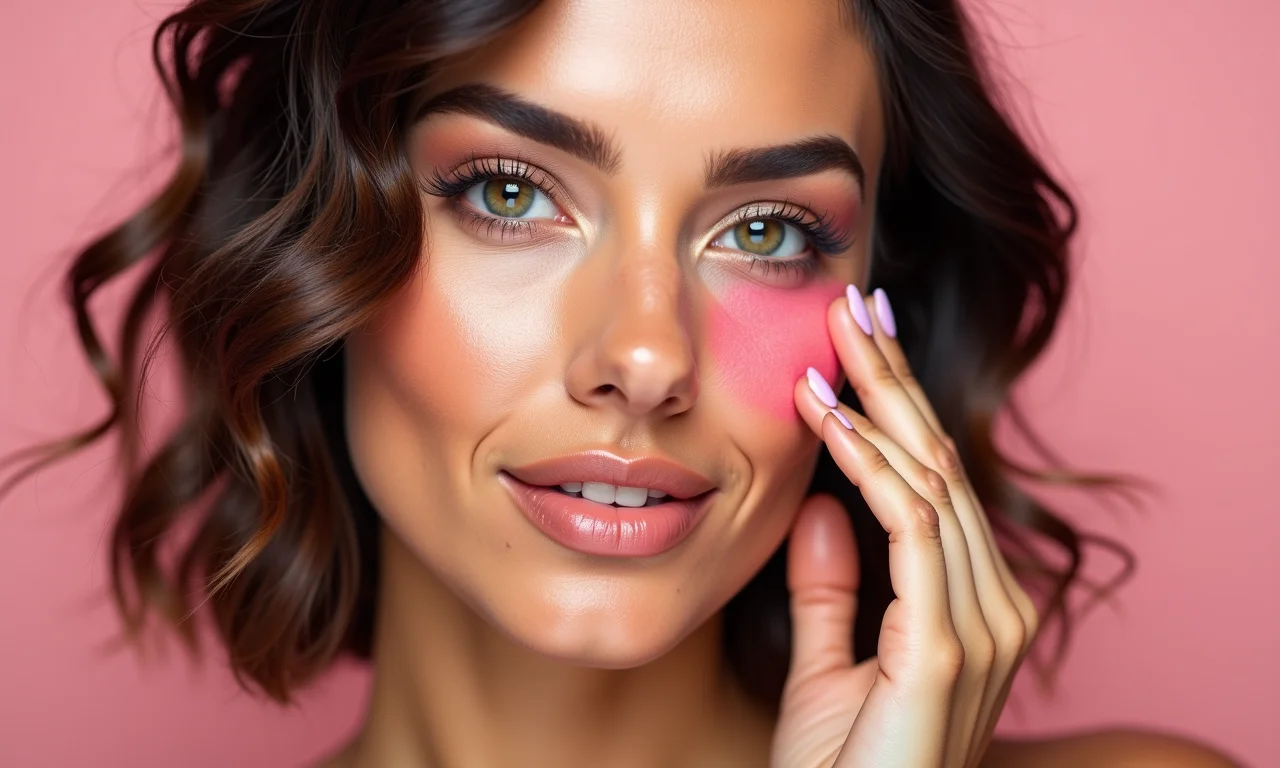 Maquiagem natural com blush de acabamento suave.