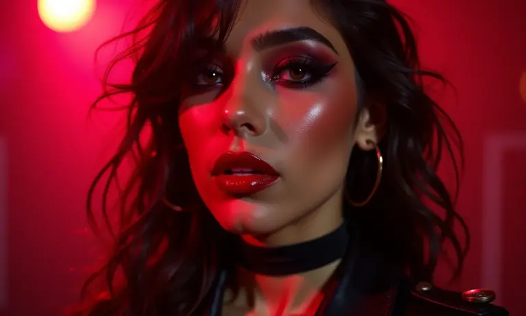 Maquiagem ousada para show de rock com olhos esfumados e batom vermelho.