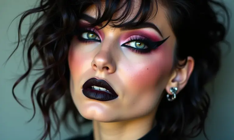 Maquiagem punk rock com delineado dramático e cores vibrantes.