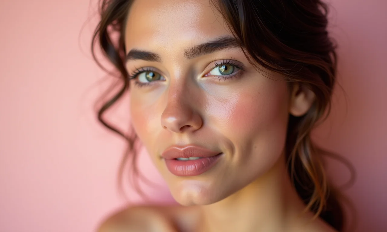 Maquiagem rosa claro para um look delicado em uma mulher.