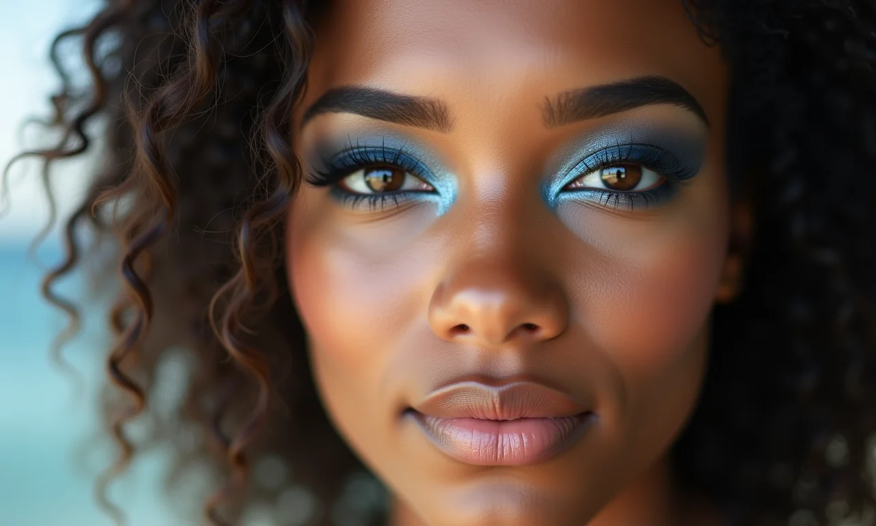 Maquiagem suave com sombra azul metálica para o dia a dia.