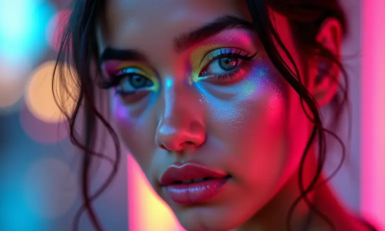Maquiagem vaporwave com cores neon e brilho holográfico.