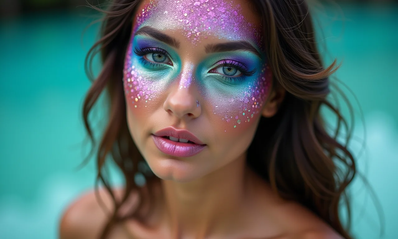 Maquiagem vibrante de sereia para o Carnaval com escamas coloridas e glitter.